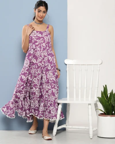 Purple Floral Shoulder Strip Long Dress