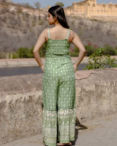 Green Angrakha Shoulder Strips Jumpsuit