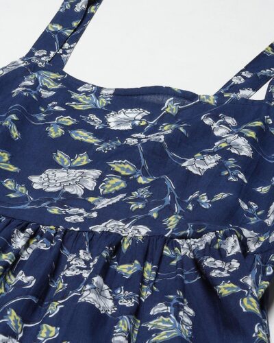 Blue Floral Shoulder Strip Long Dress