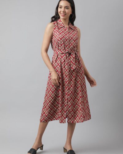 Rayon Maroon A-Line Floral Printed Midi Dress