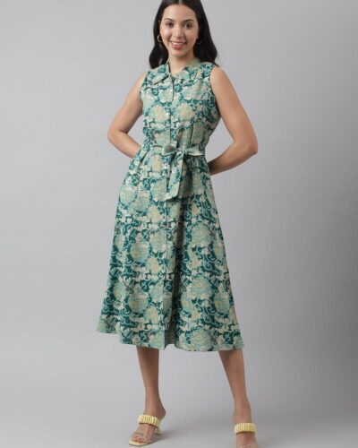 Rayon Light Green A-Line Floral Printed Midi Dress