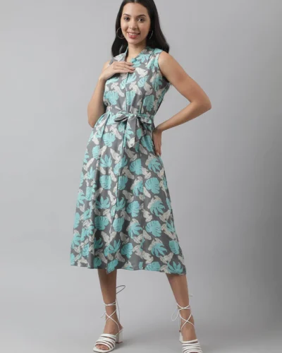 Rayon Grey A-Line Floral Printed Midi Dress