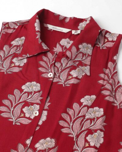 Rayon Maroon & Pink A-Line Floral Printed Midi Dress