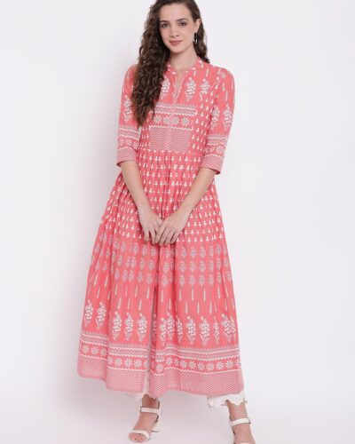 Pink A Line Printed Cotton Kurta