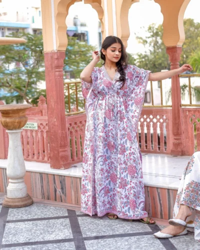 White And Pink Floral Print Kaftan