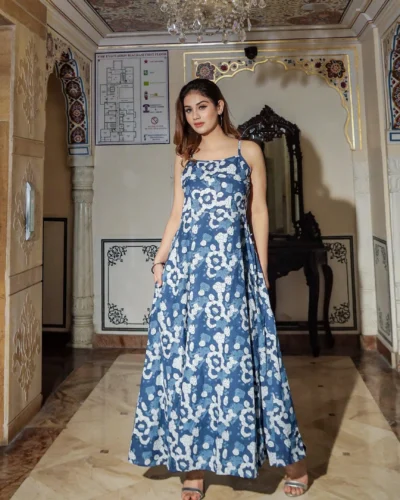 Indigo Print Cotton Long Dress