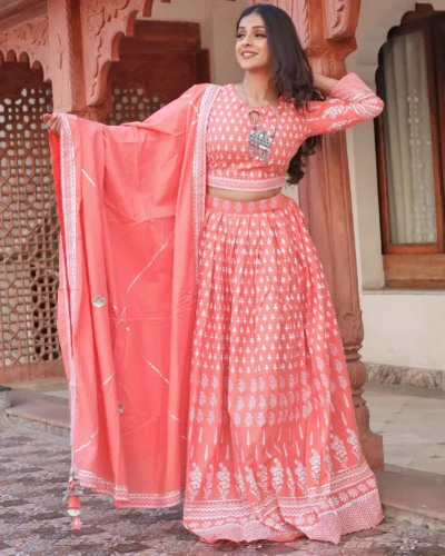 Pink Printed Crop Top, lehenga with Dupatta set