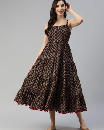 Black Floral Printed Shoulder Strip Long dress