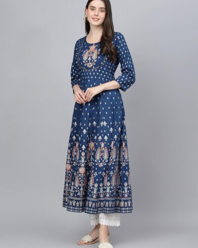 Indigo Ethnic Motif Rayon Anarkali Kurta