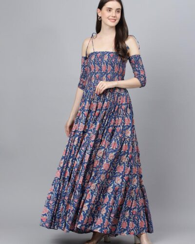 Blue Floral Printed Shoulder Strips Flared Long Dress