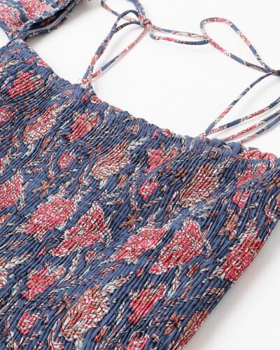 Blue Floral Printed Shoulder Strips Flared Long Dress