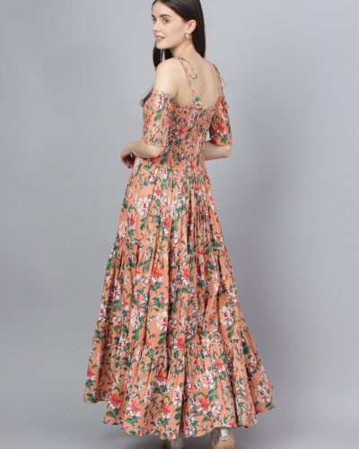 Peach Floral Printed Shoulder Strips Flared Long Dress
