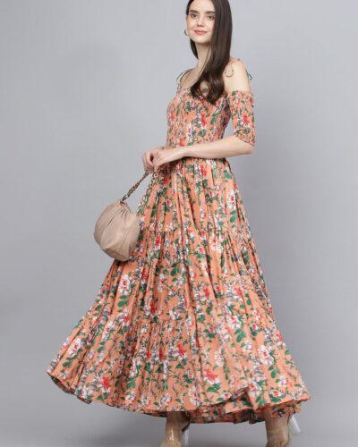 Peach Floral Printed Shoulder Strips Flared Long Dress