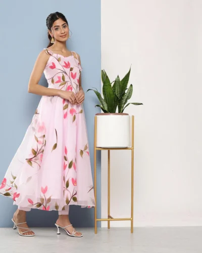 Pink Hand Painted Floral Organza Anarkali Kurta Pant Set with Dupatta