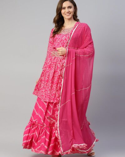 Pink Muslin Bandhani Printed Embroidery Peplum Kurta Sharara Set with Dupatta