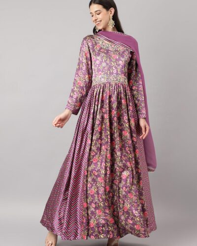 Multi Gaji Silk Floral Sequin work with Dupatta Flared Gown