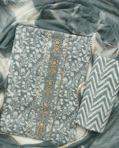 Printed Cotton Grey Color unstitched Suit Set