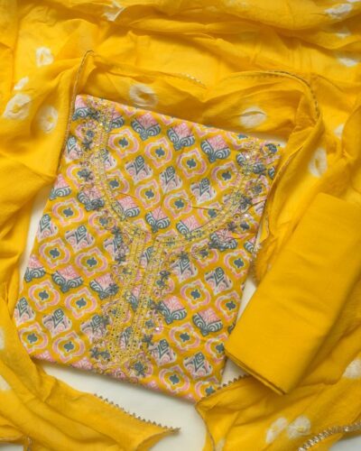 Printed Yellow Cotton Unstitched Suit Set