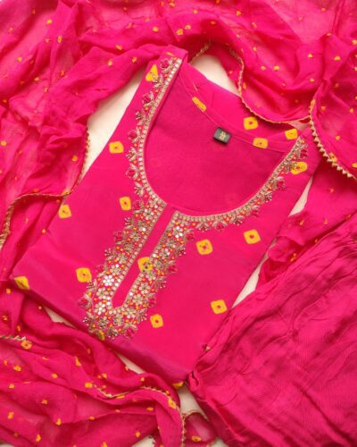 Party Wear Rani Bandhej Print Stitched Suit Set