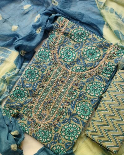 Blue Rinse Cotton Unstitched Suit Set for Women
