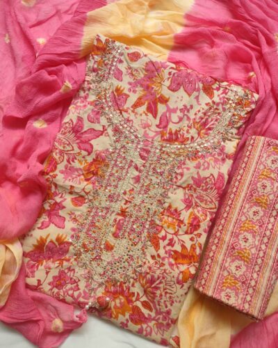 Flower Print Unstitched Cotton Suit Set for  Women